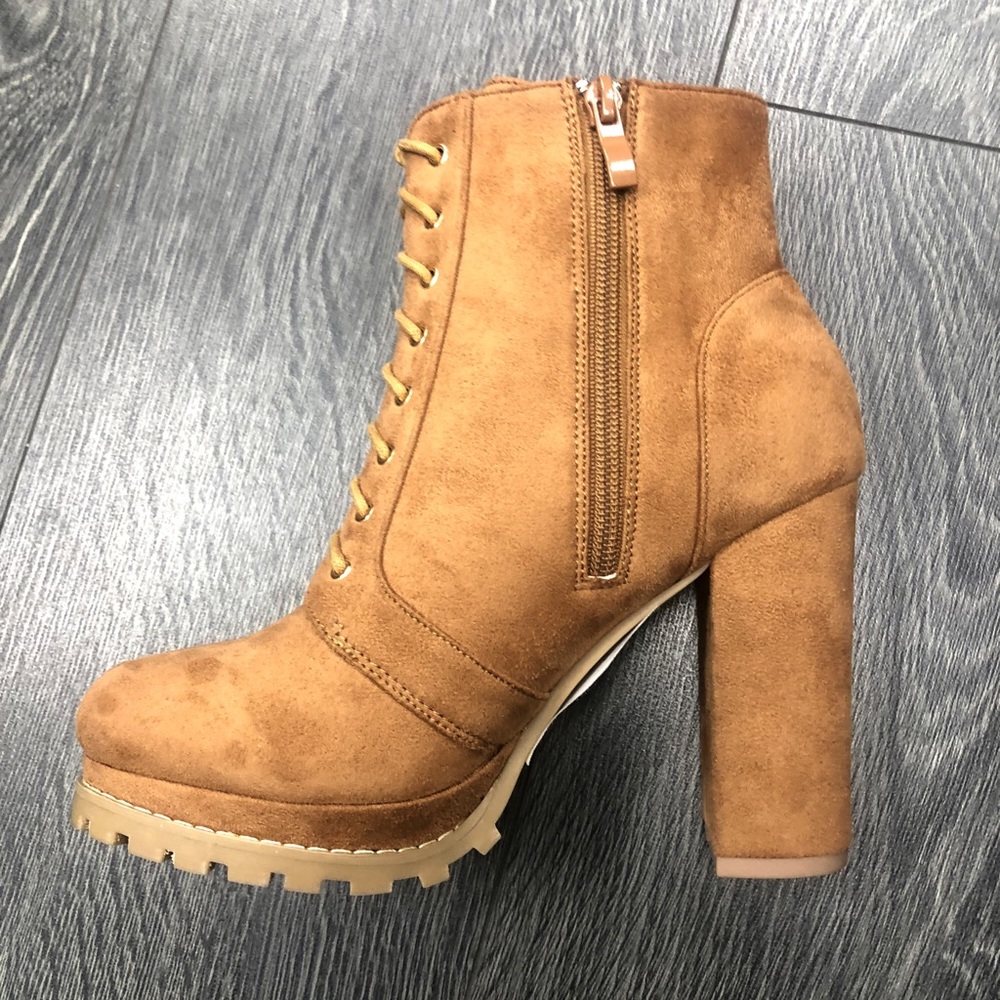Tan Lace Up Platform Bootie Block Heel - Picture 5 of 5